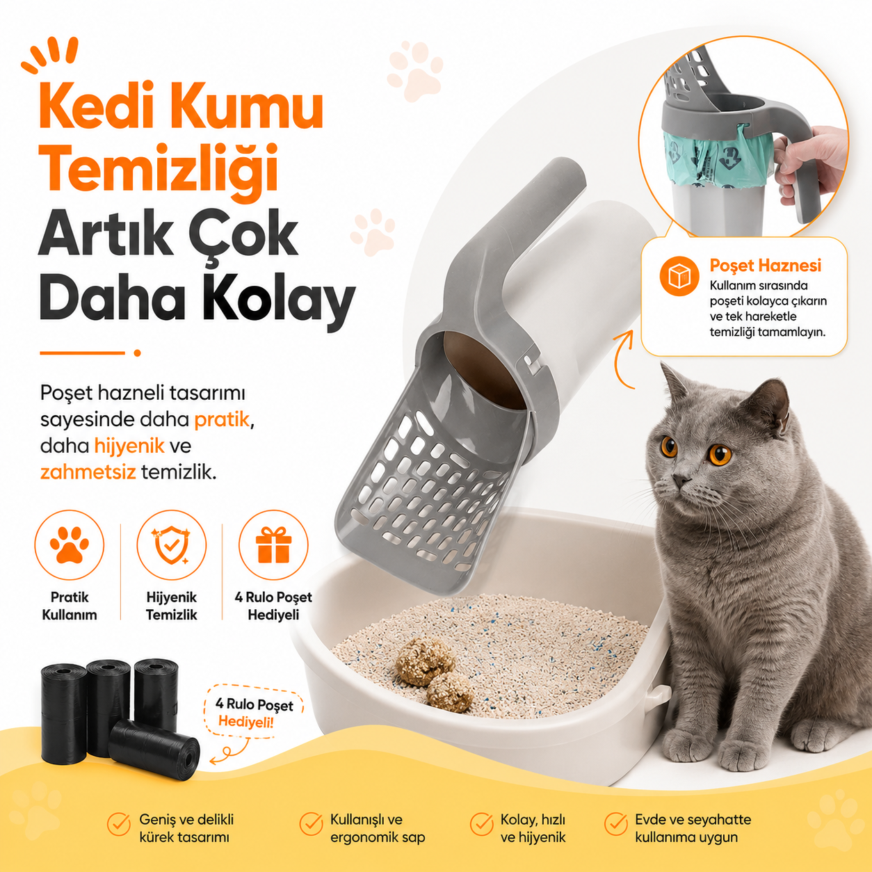 Poşet Hazneli Kedi Kumu Küreği