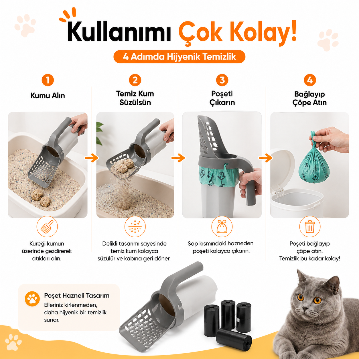 Poşet Hazneli Kedi Kumu Küreği