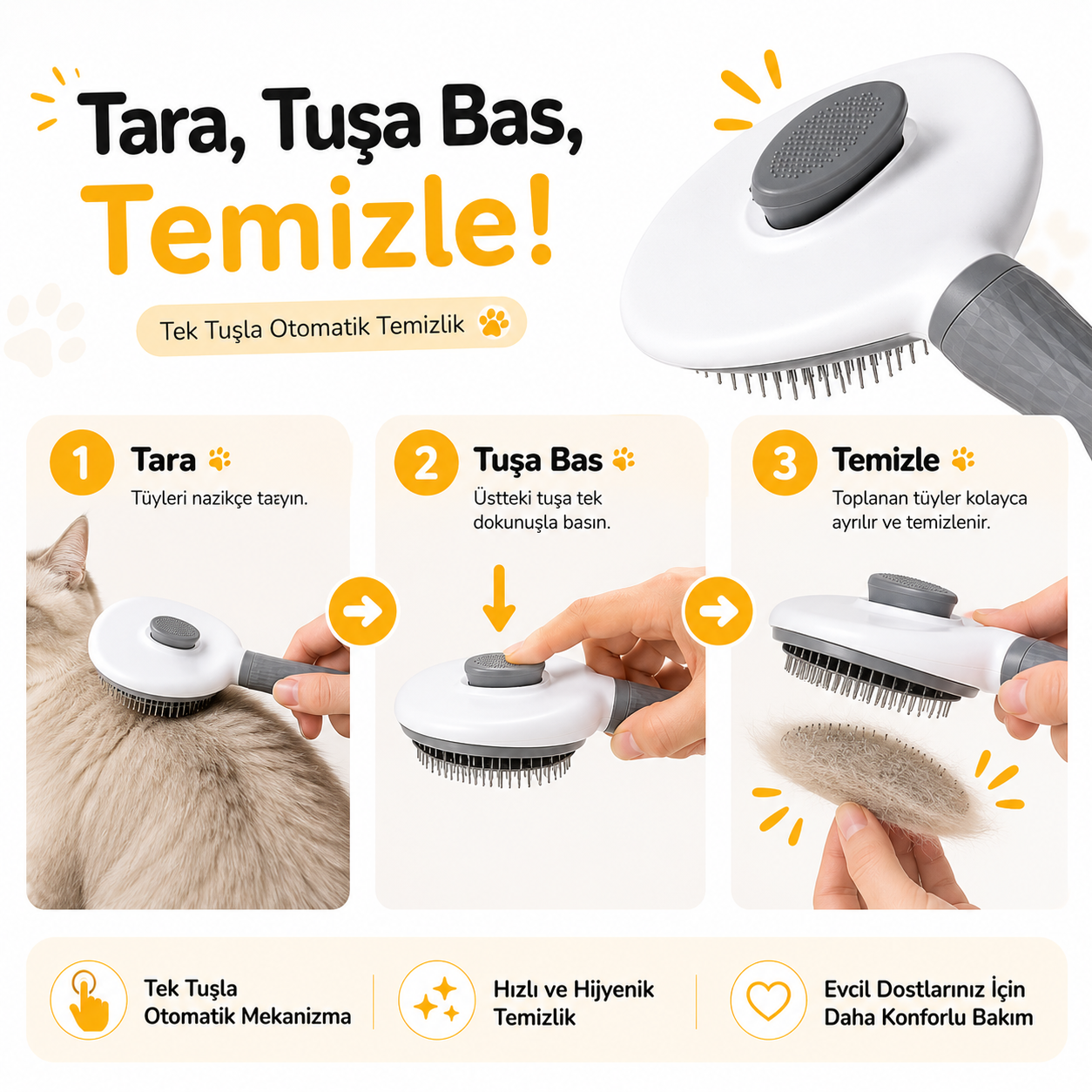 Otomatik Temizlenen Kedi & Köpek Tüy Tarağı