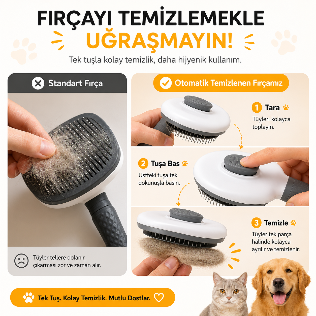 Otomatik Temizlenen Kedi & Köpek Tüy Tarağı