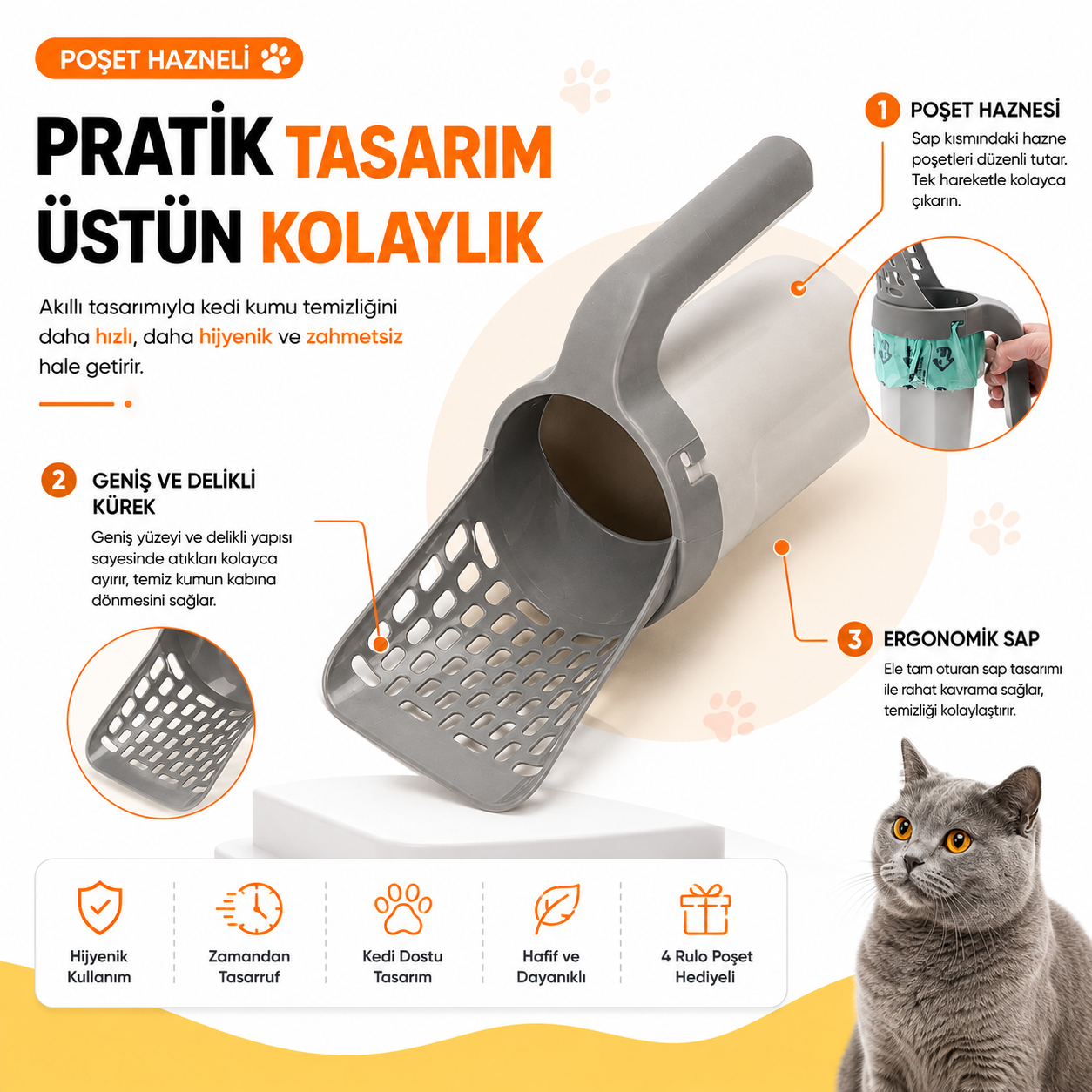 Poşet Hazneli Kedi Kumu Küreği