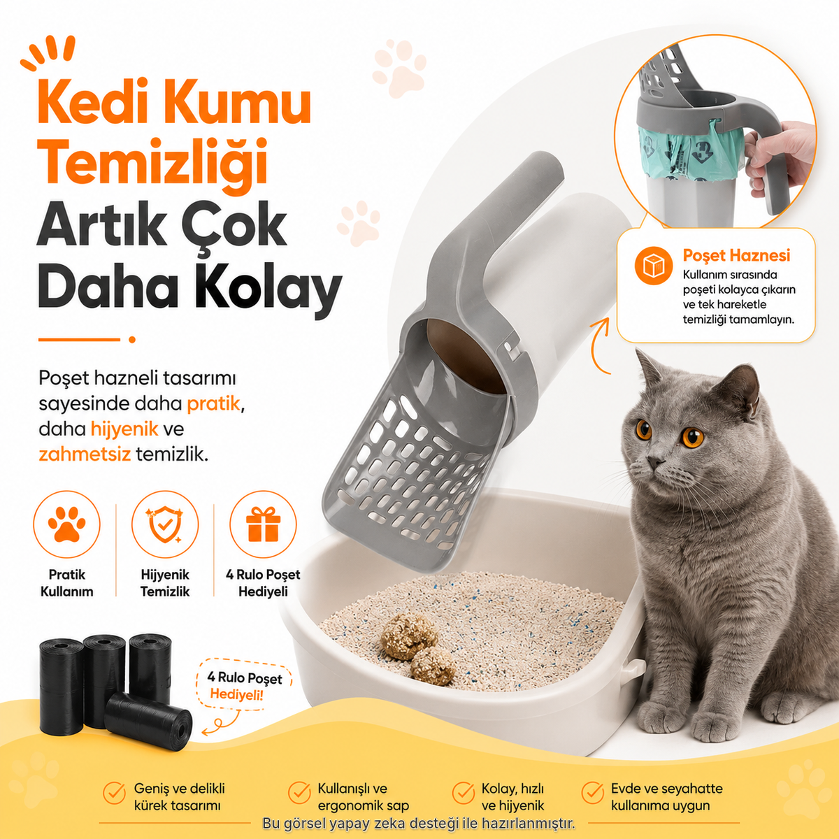 Poşet Hazneli Kedi Kumu Küreği