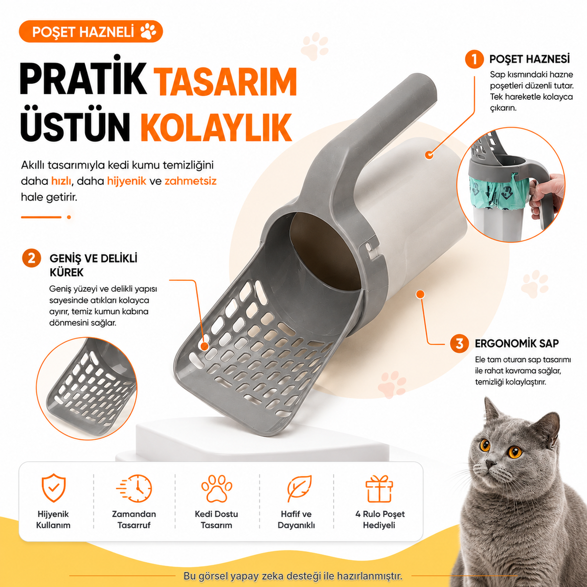 Poşet Hazneli Kedi Kumu Küreği