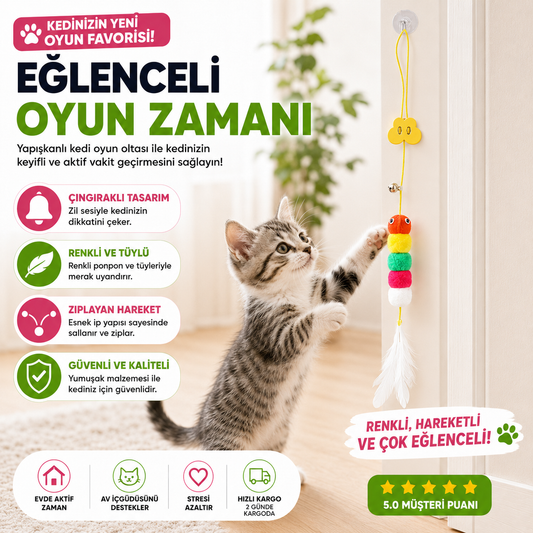 Yapışkanlı Kedi Oyun Oltası | Çıngıraklı, Zıplayan ve İnteraktif Kedi Oyuncağı