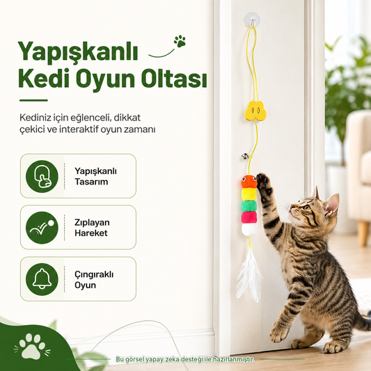 Yapışkanlı Kedi Oyun Oltası | Çıngıraklı, Zıplayan ve İnteraktif Kedi Oyuncağı